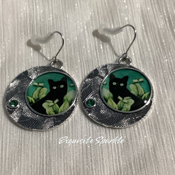 😸Oxidized Silver Alloy Black Cat Circular Hook Drop Earrings - Picture 8 of 15